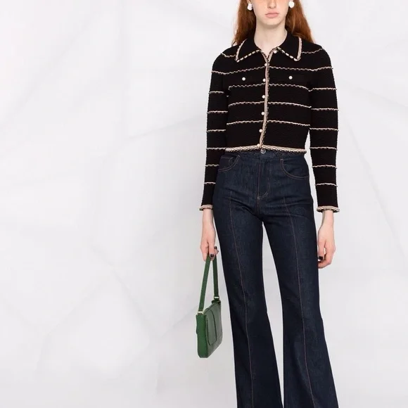 NWT Sandro Black Tweed Two-Piece Jacket & Skirt Set with Cream Trim - Picture 7 of 10